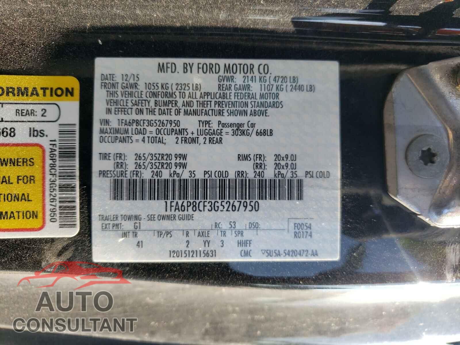 FORD MUSTANG 2016 - 1FA6P8CF3G5267950