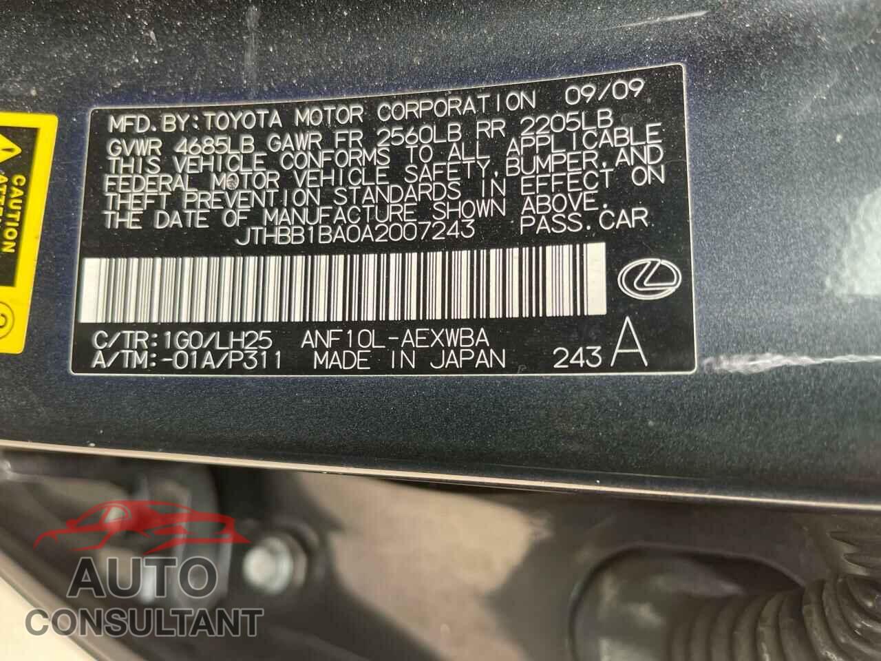 LEXUS HS 2010 - JTHBB1BA0A2007243