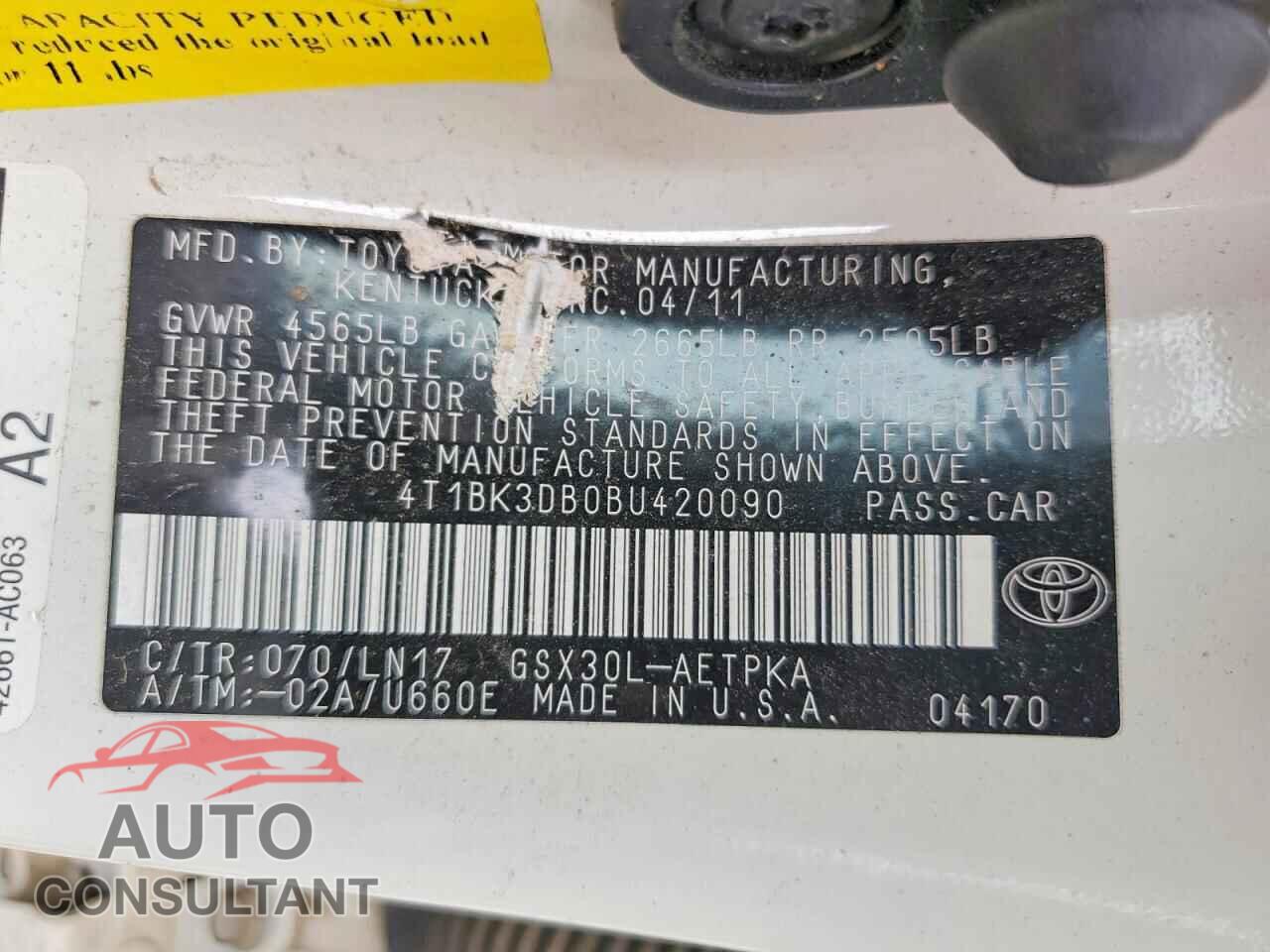 TOYOTA AVALON 2011 - 4T1BK3DB0BU420090