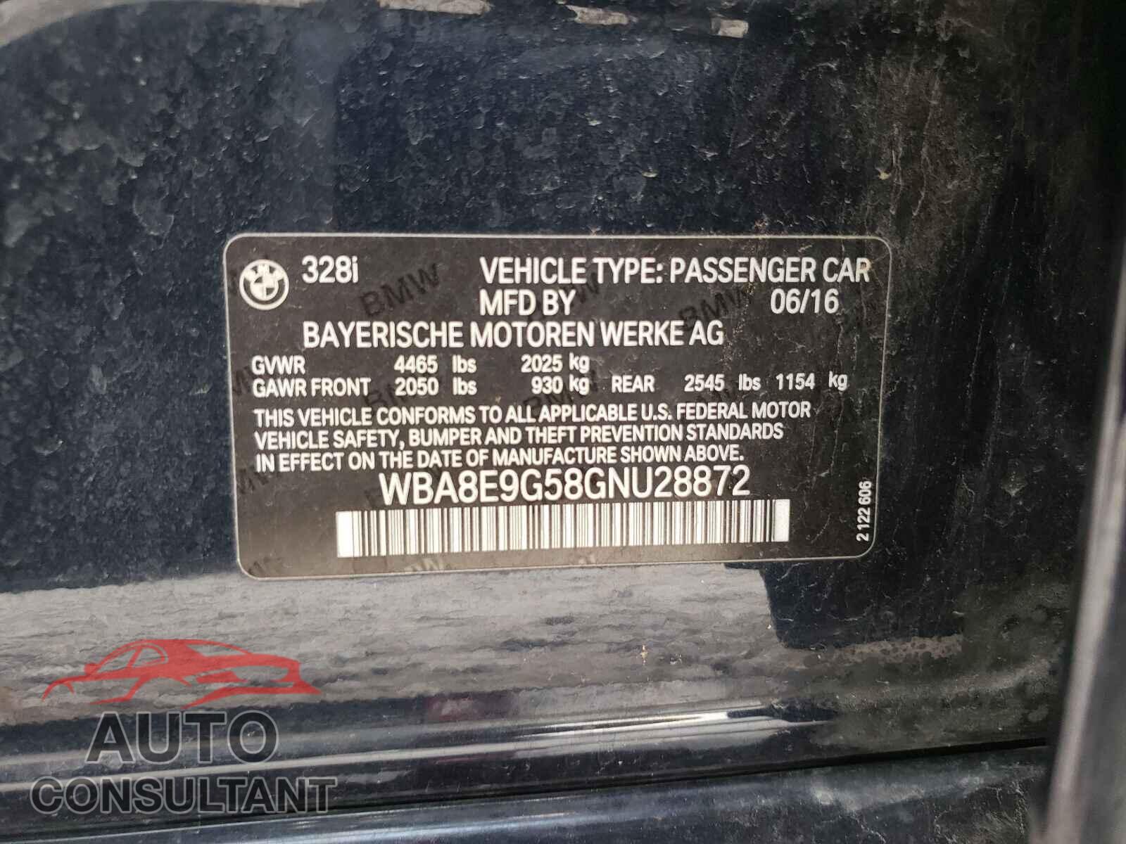 BMW 3 SERIES 2016 - WBA8E9G58GNU28872