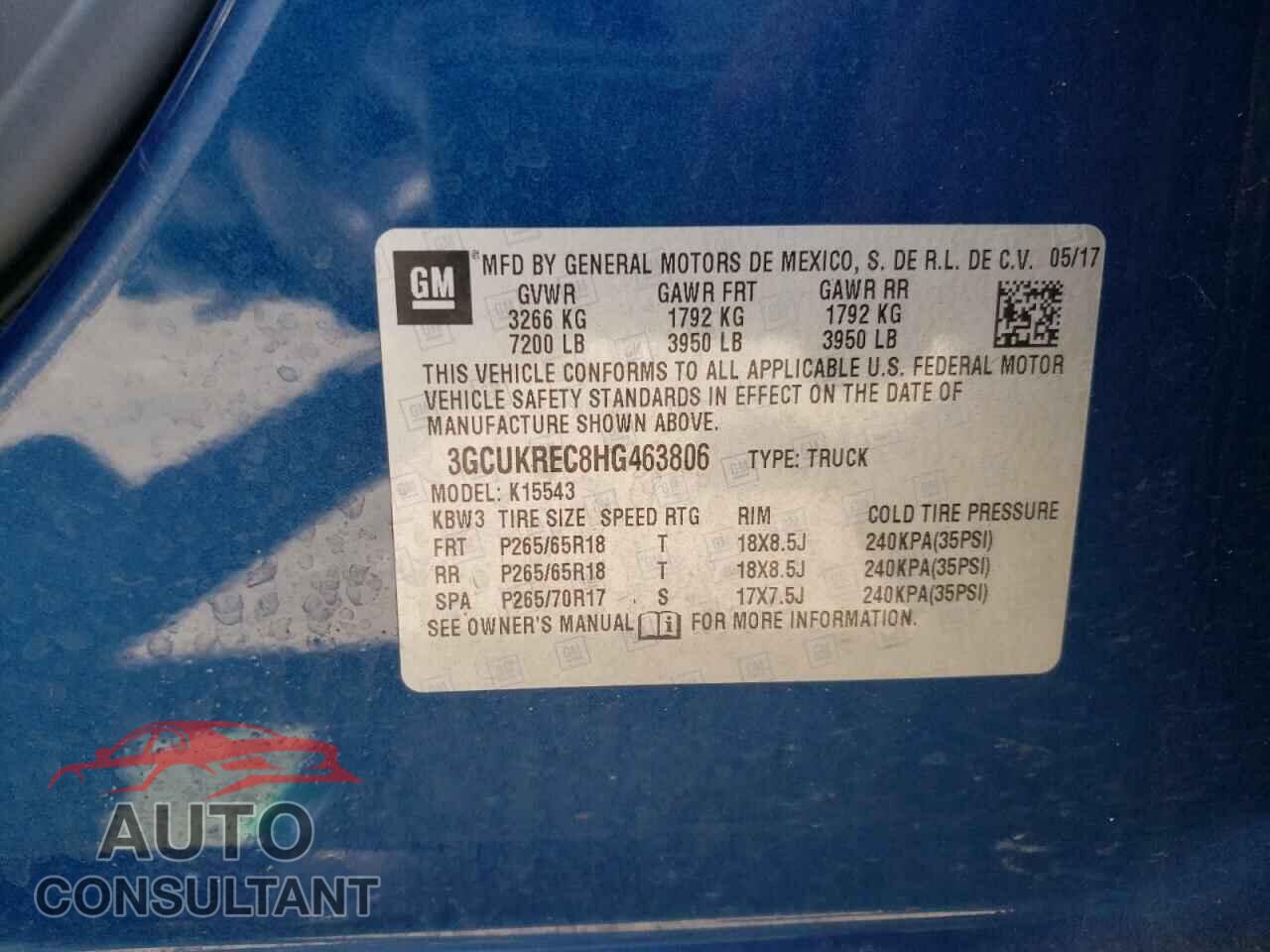 CHEVROLET SILVERADO 2017 - 3GCUKREC8HG463806