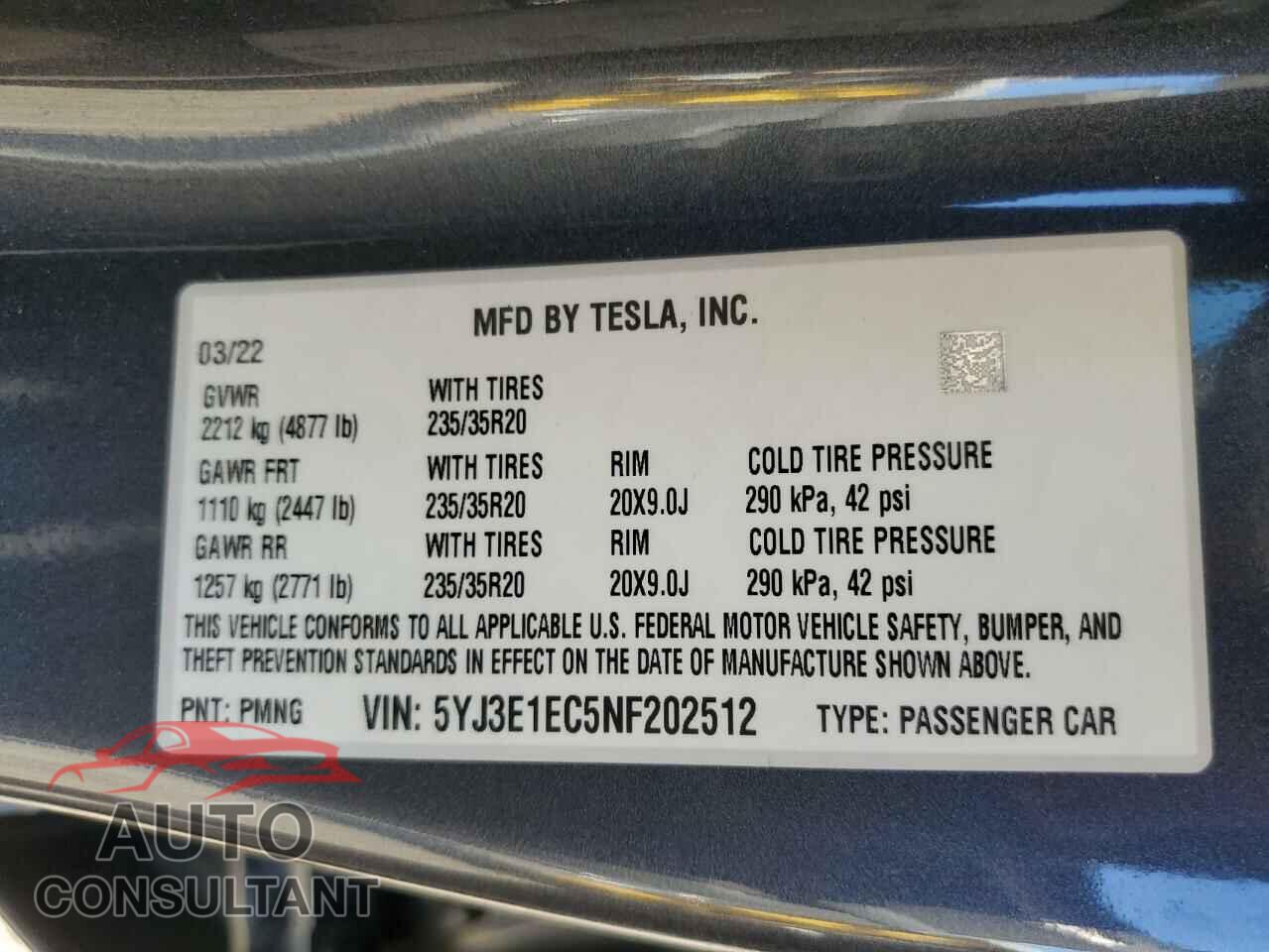 TESLA MODEL 3 2022 - 5YJ3E1EC5NF202512