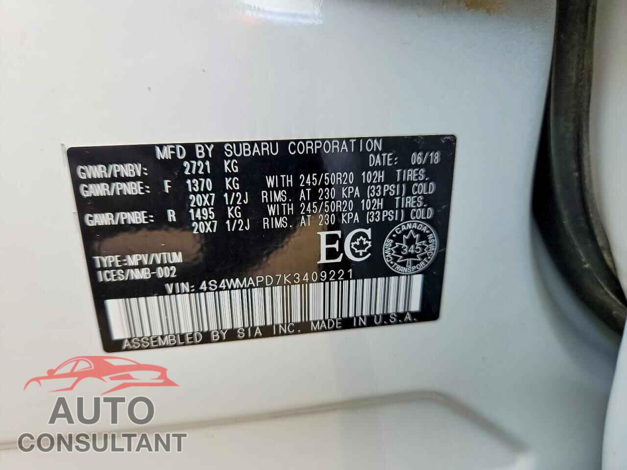SUBARU ASCENT 2019 - 4S4WMAPD7K3409221