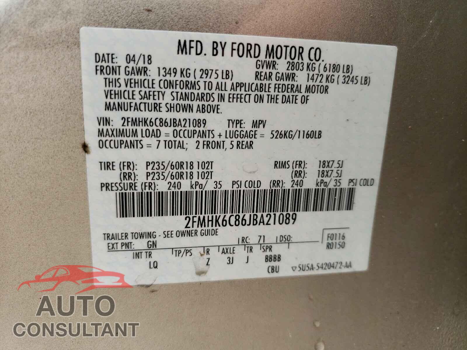 FORD FLEX 2018 - 2FMHK6C86JBA21089