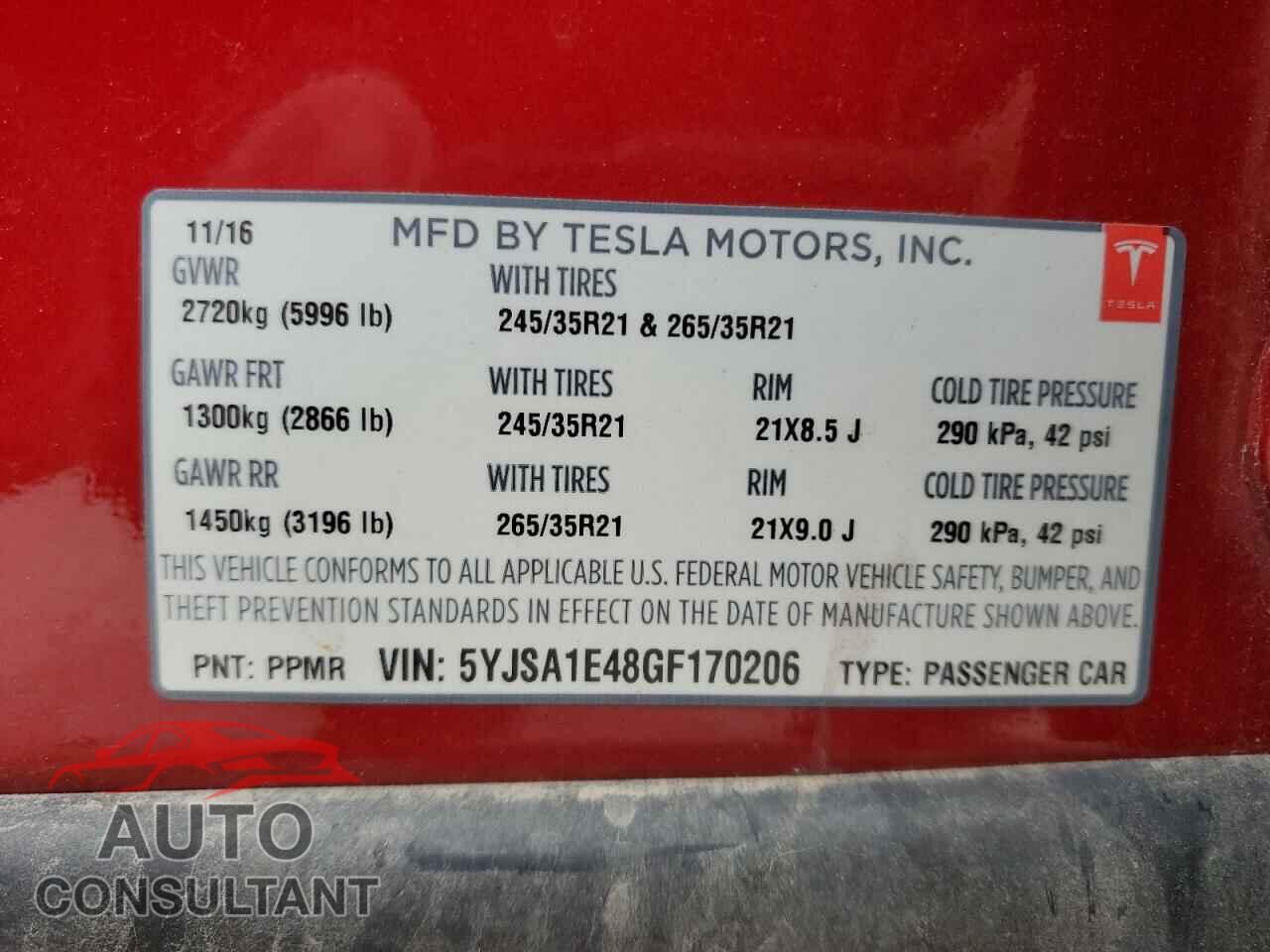 TESLA MODEL S 2016 - 5YJSA1E48GF170206