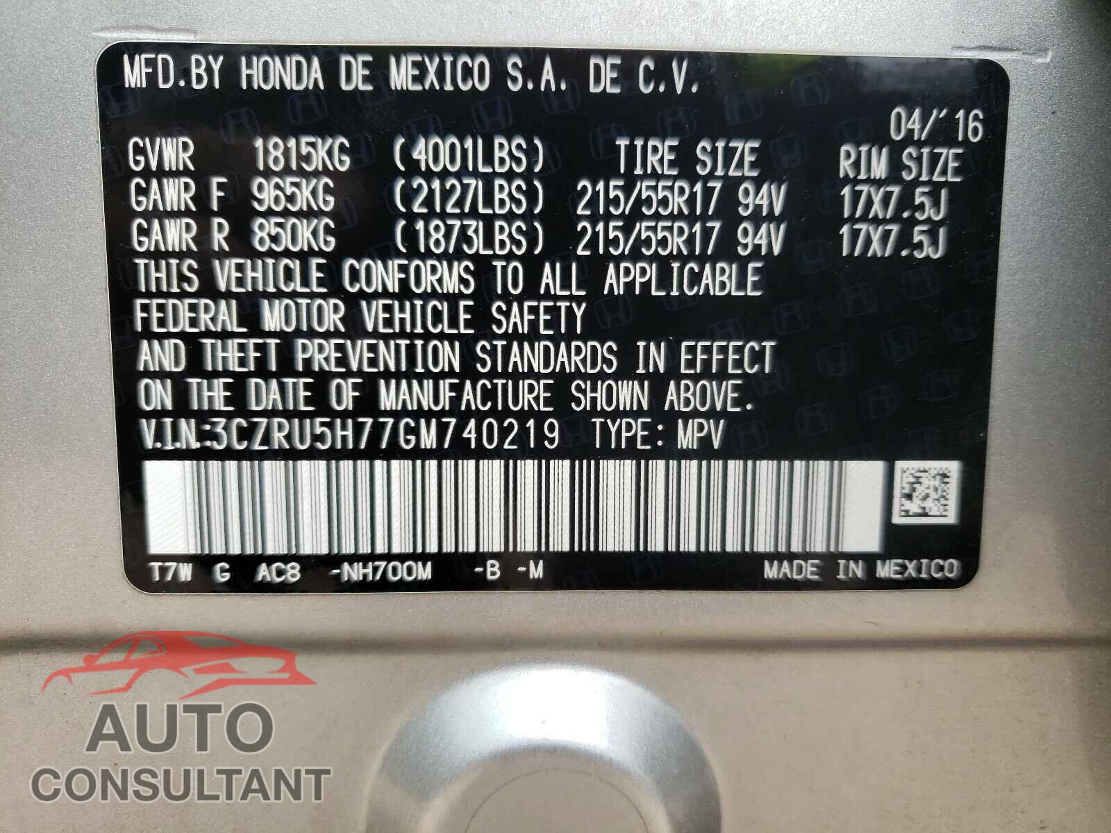 HONDA HR-V 2016 - 3CZRU5H77GM740219