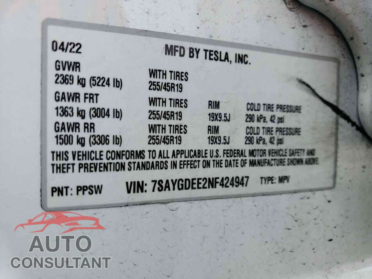 TESLA MODEL Y 2022 - 7SAYGDEE2NF424947