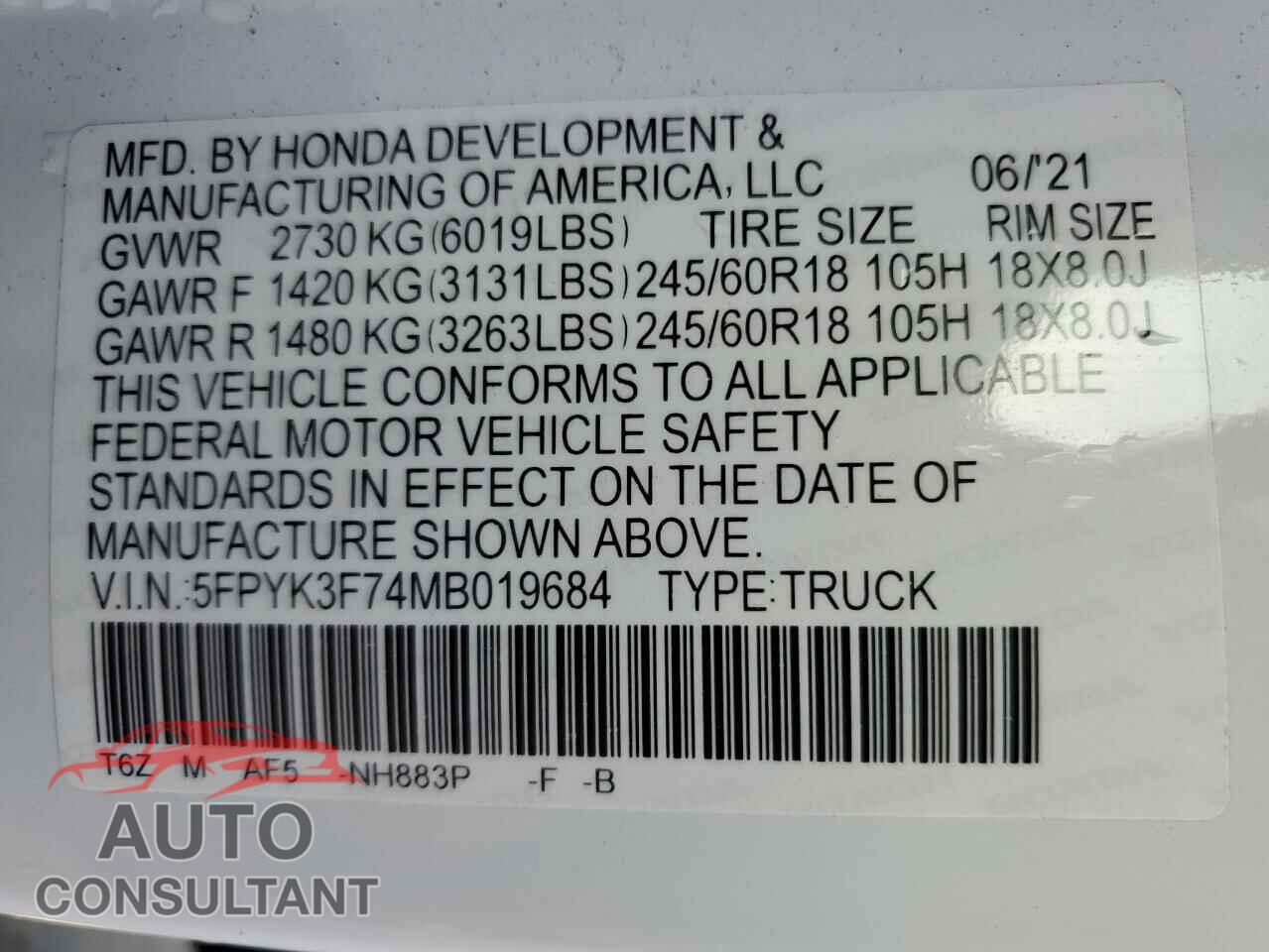 HONDA RIDGELINE 2021 - 5FPYK3F74MB019684