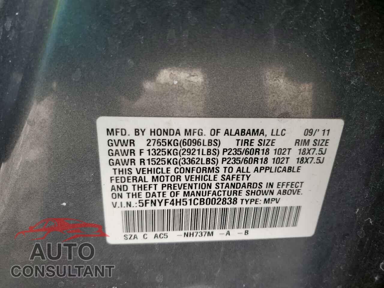HONDA PILOT 2012 - 5FNYF4H51CB002838