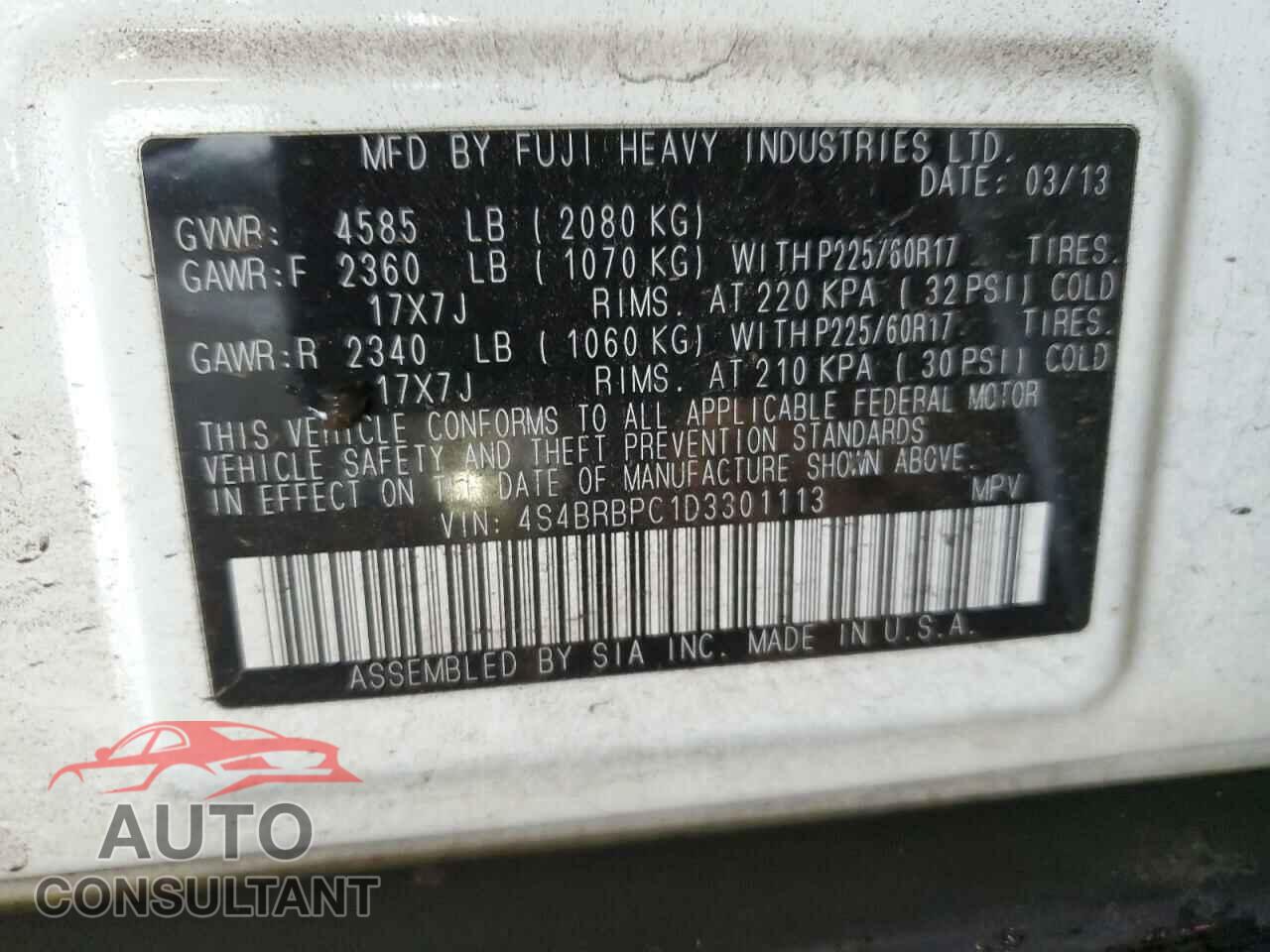 SUBARU OUTBACK 2013 - 4S4BRBPC1D3301113