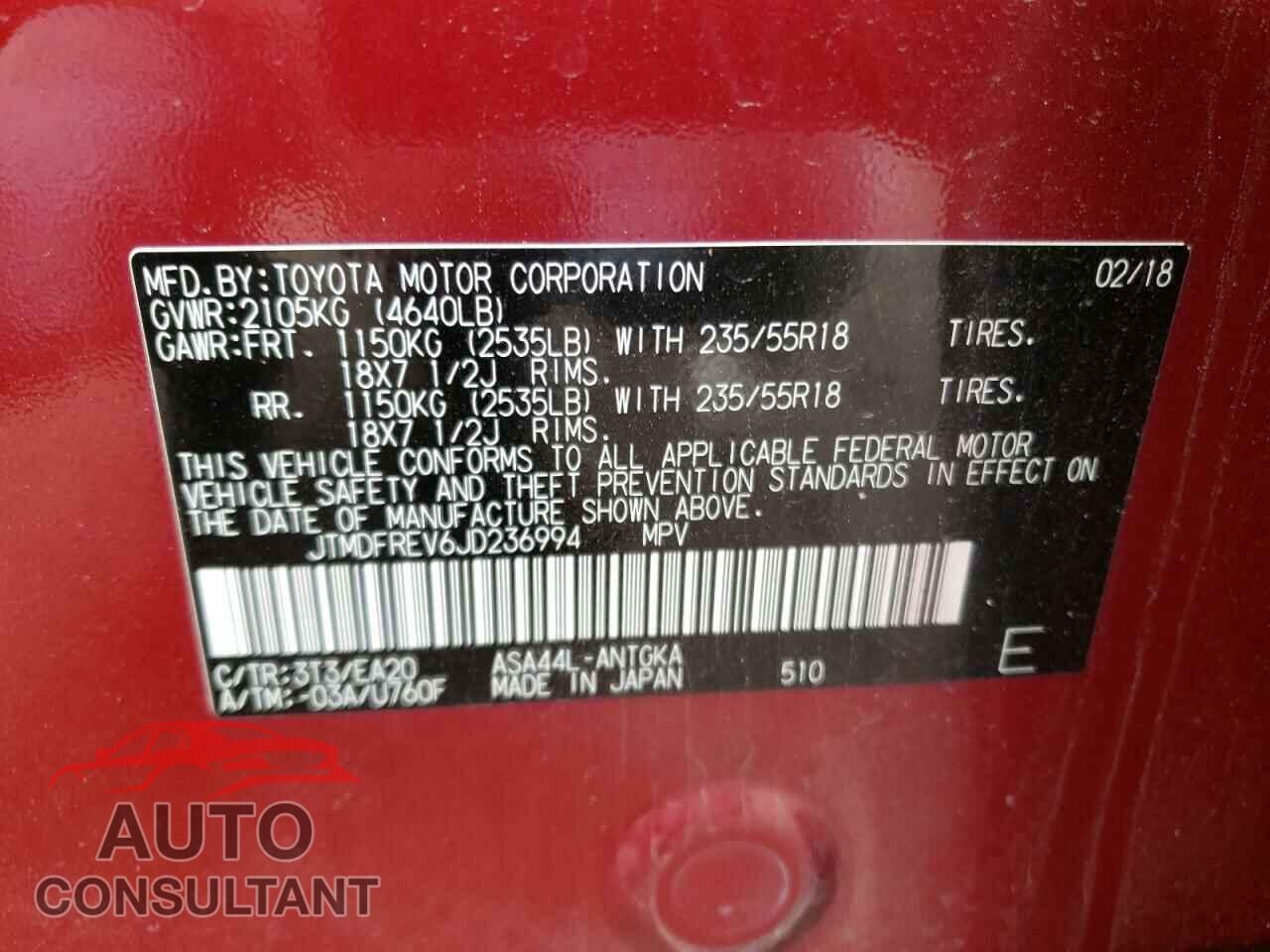 TOYOTA RAV4 2018 - JTMDFREV6JD236994