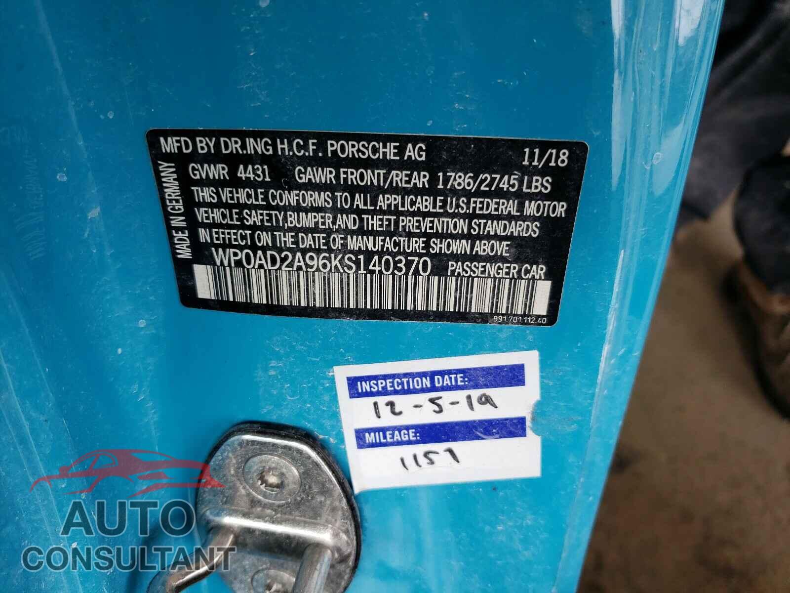 PORSCHE 911 2019 - WP0AD2A96KS140370