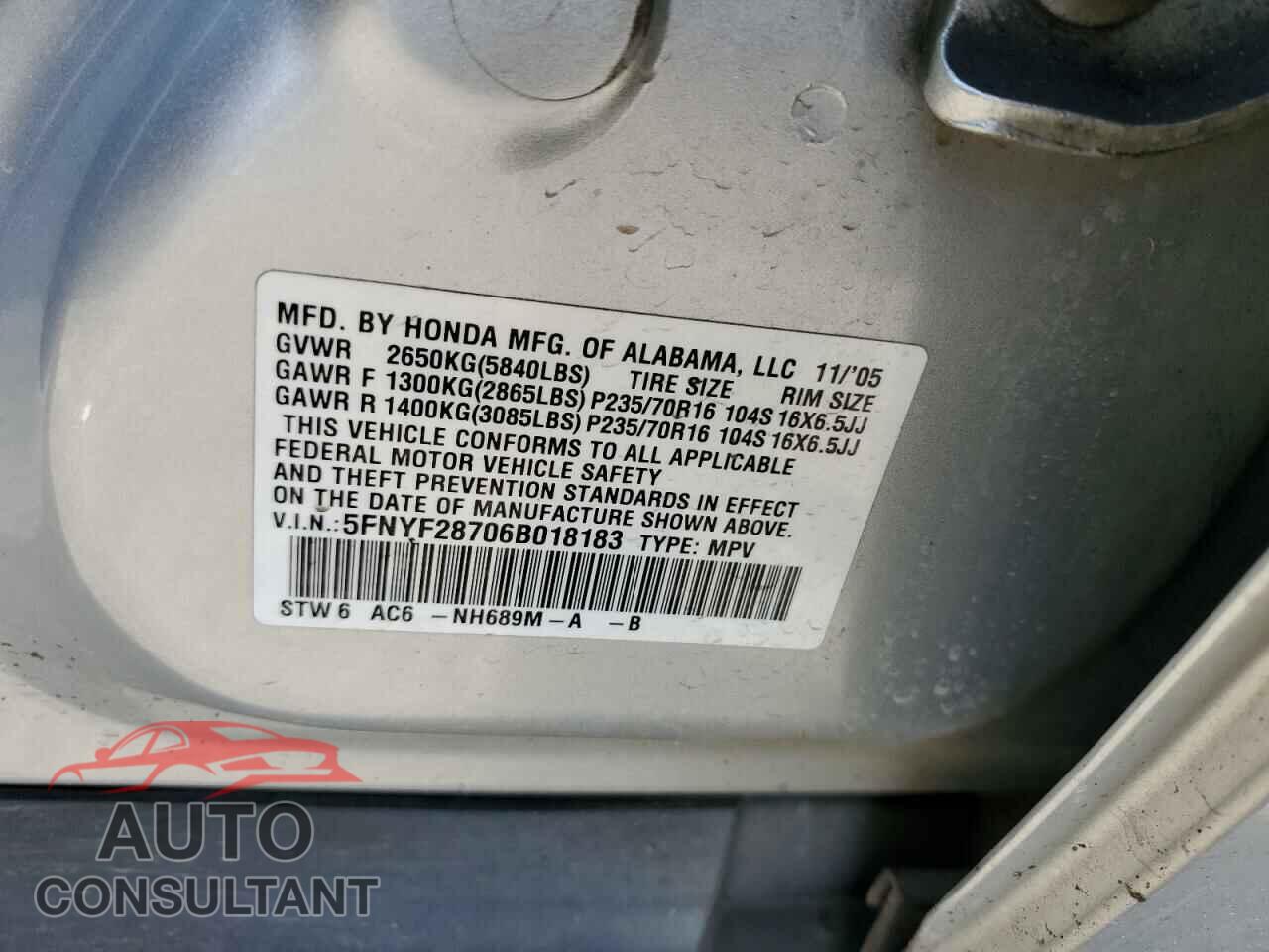 HONDA PILOT 20066 - 5FNYF28706B018183