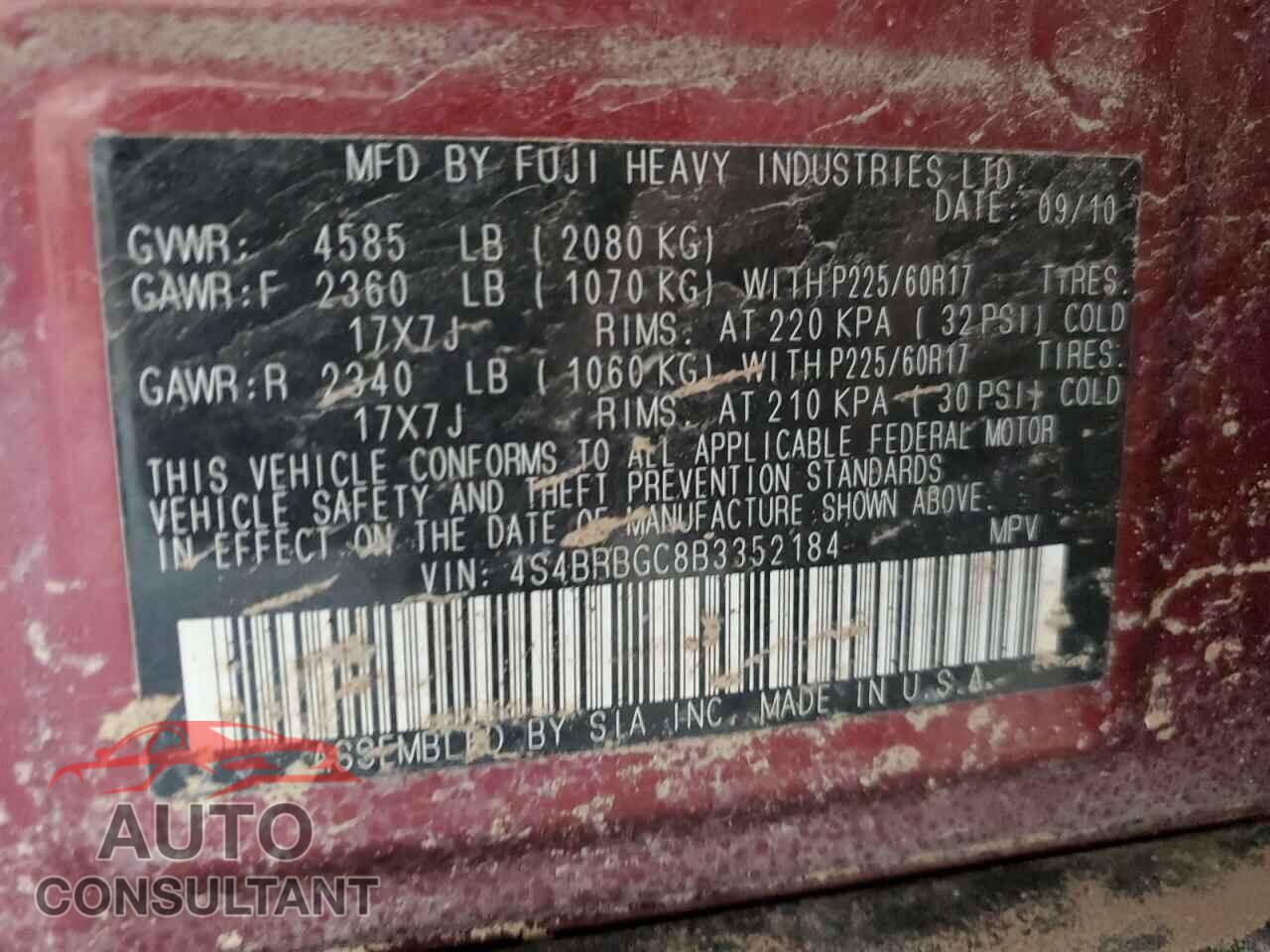 SUBARU OUTBACK 2011 - 4S4BRBGC8B3352184