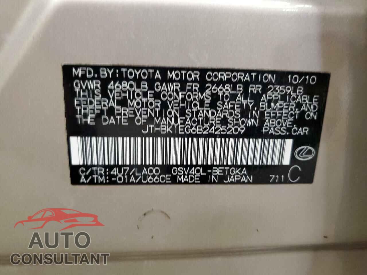 LEXUS ES350 2011 - JTHBK1EG6B2425209