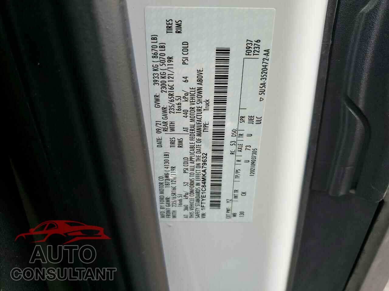 FORD TRANSIT 2021 - 1FTYE1C84MKA79632