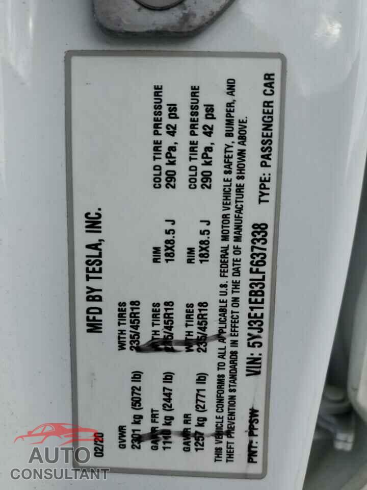 TESLA MODEL 3 2020 - 5YJ3E1EB3LF637338