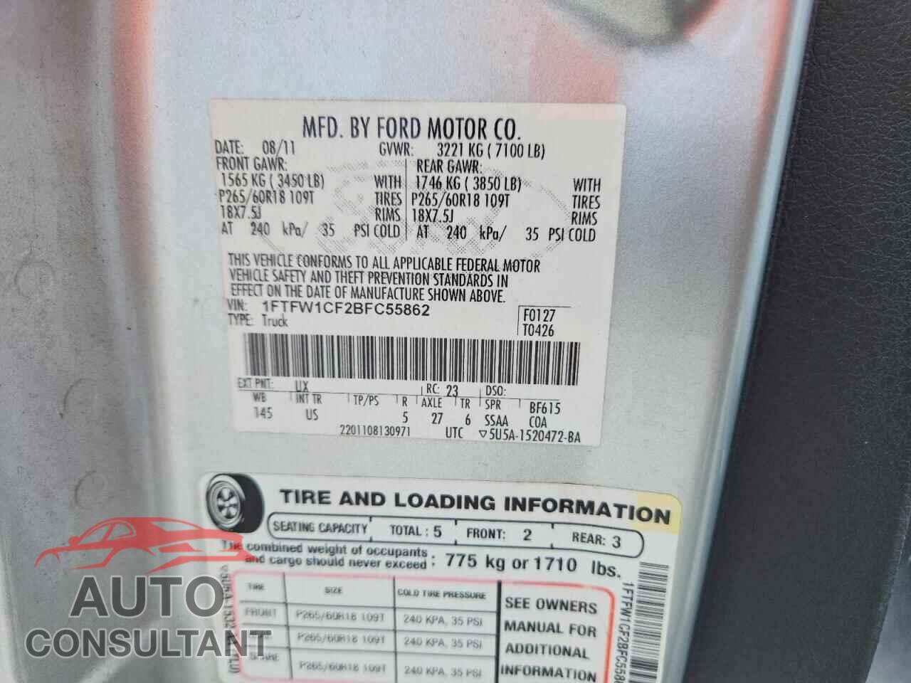 FORD F150 2011 - 1FTFW1CF2BFC55862