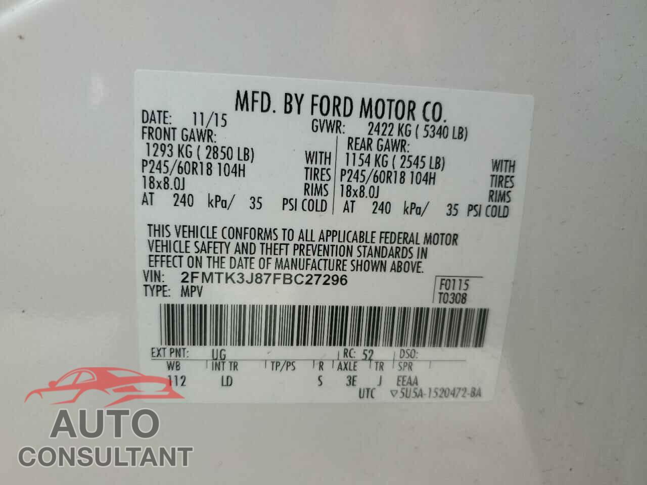 FORD EDGE 2015 - 2FMTK3J87FBC27296