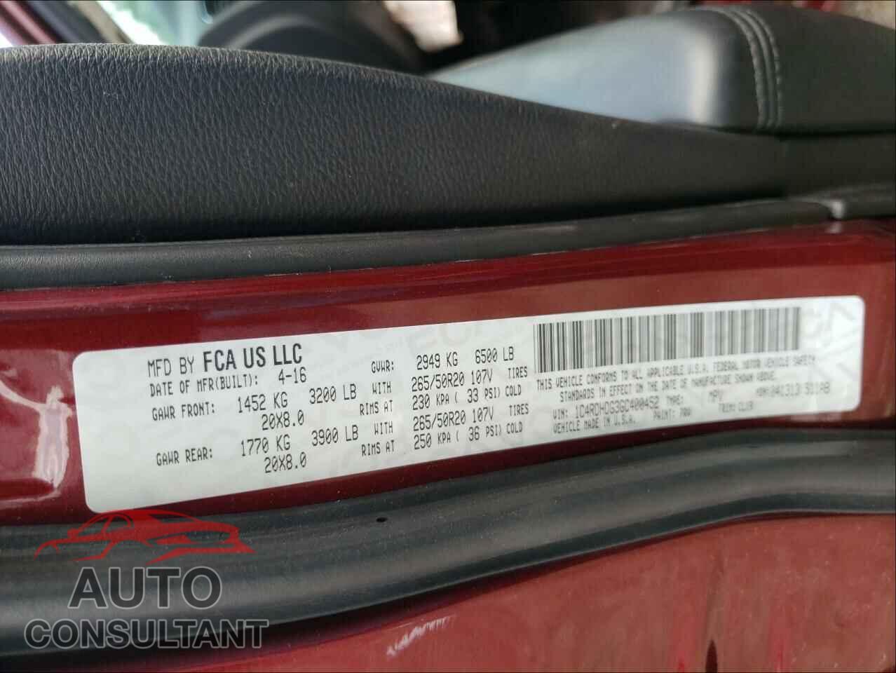 DODGE DURANGO 2016 - 1C4RDHDG3GC400452
