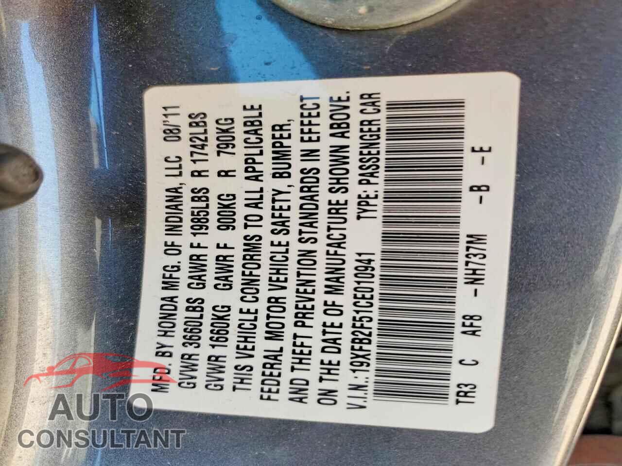 HONDA CIVIC 2012 - 19XFB2F51CE010941