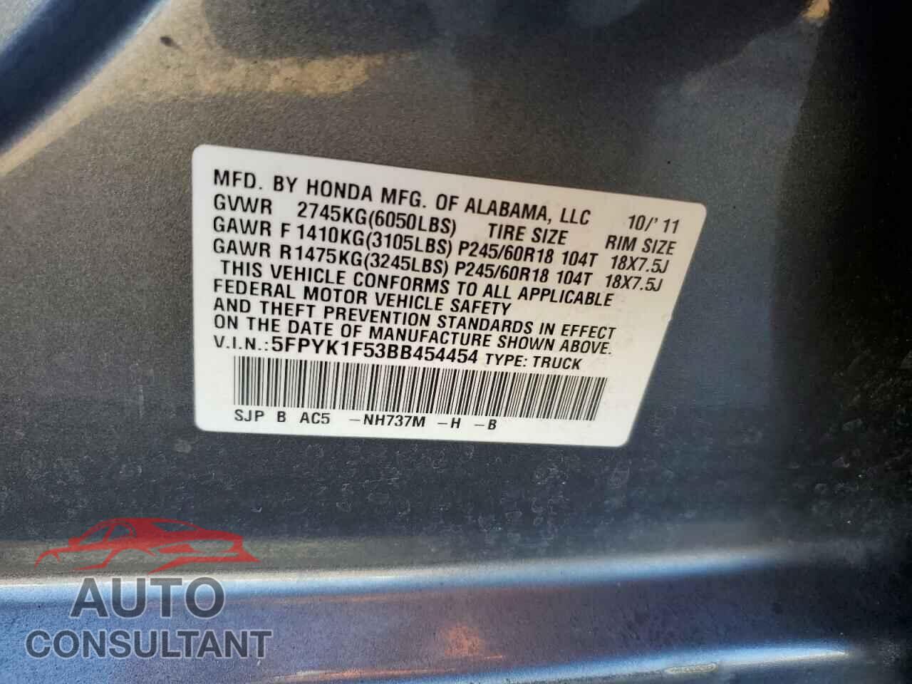 HONDA RIDGELINE 2011 - 5FPYK1F53BB454454