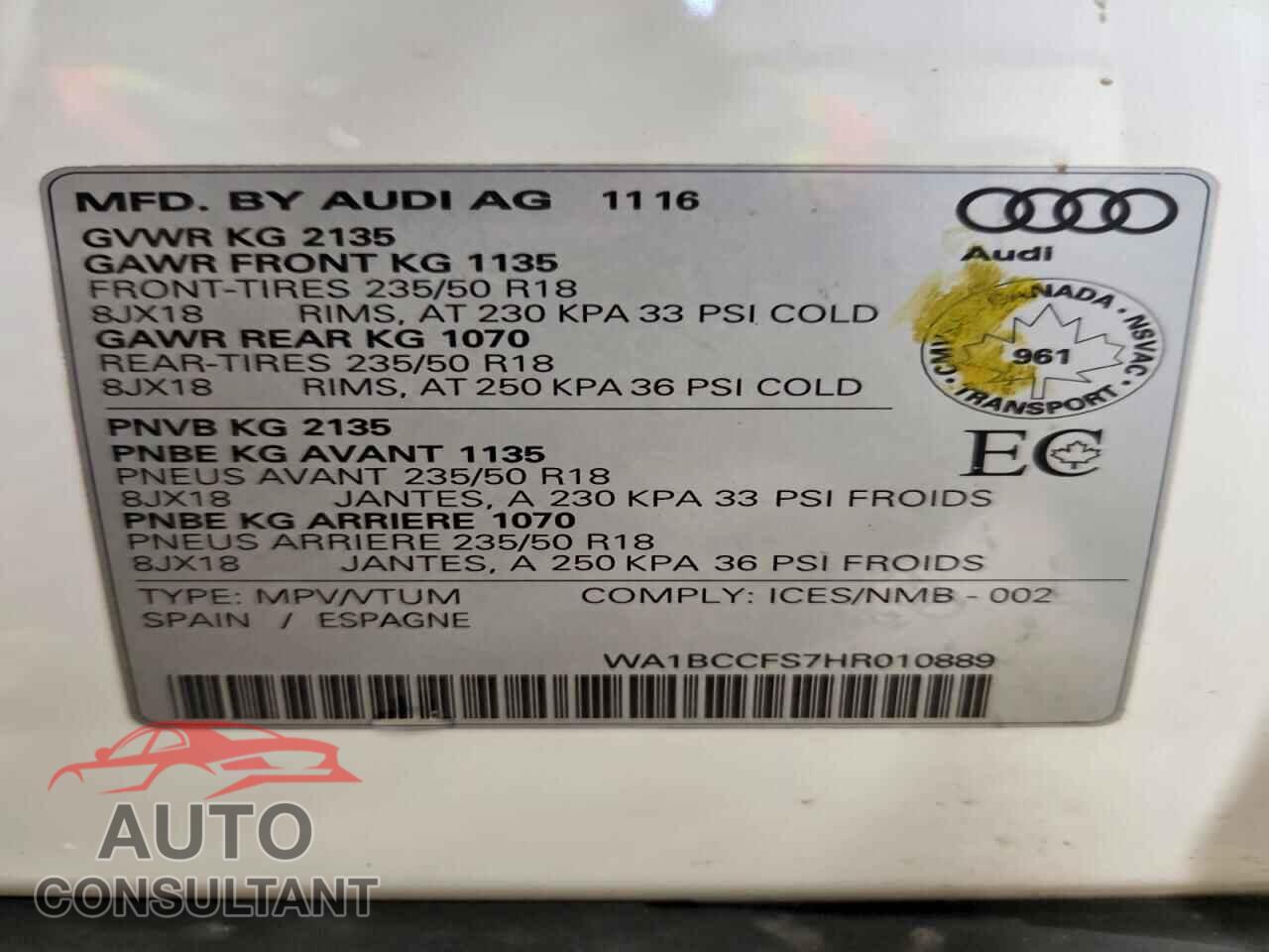 AUDI Q3 2017 - WA1BCCFS7HR010889