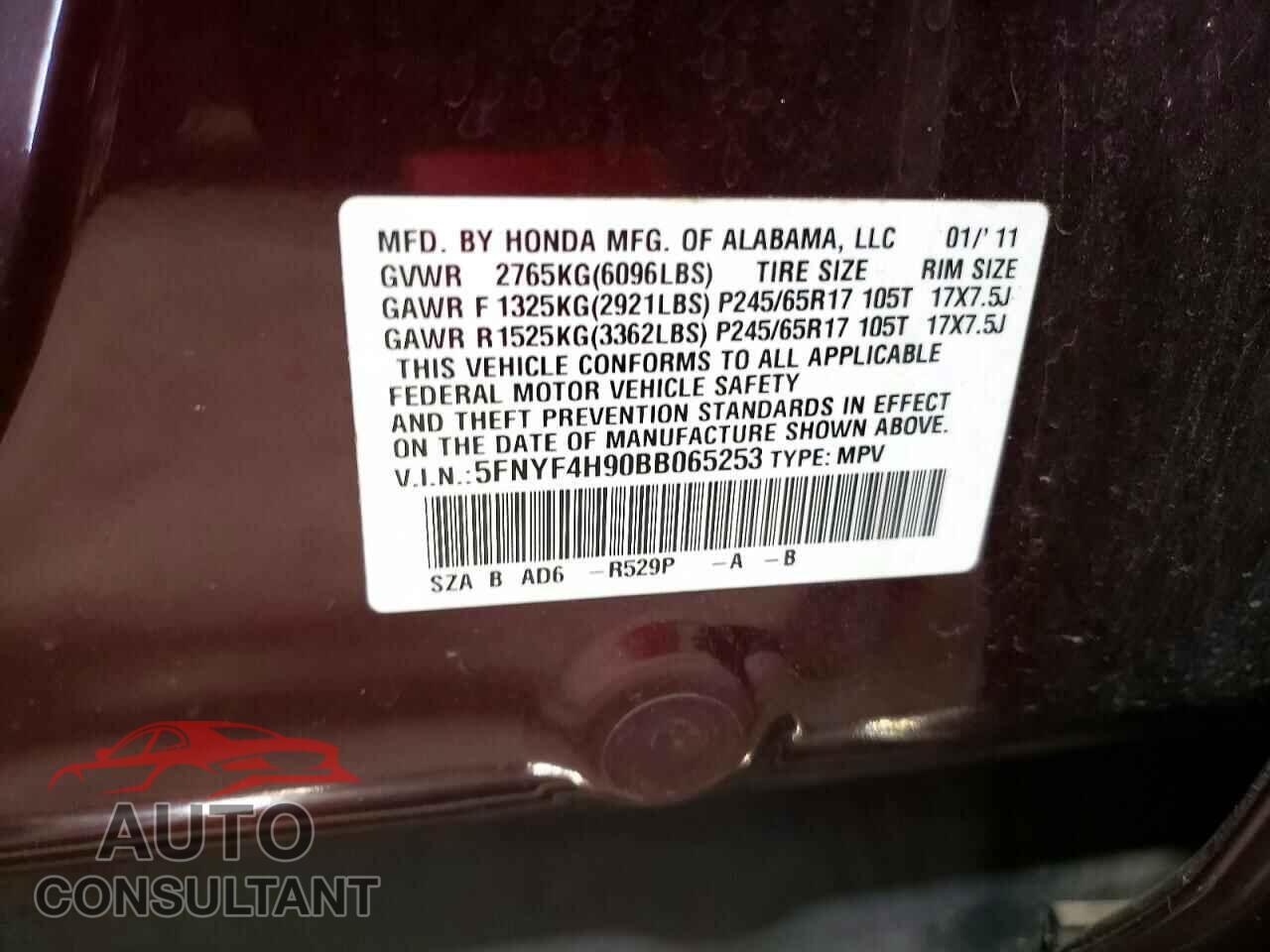 HONDA PILOT 2011 - 5FNYF4H90BB065253
