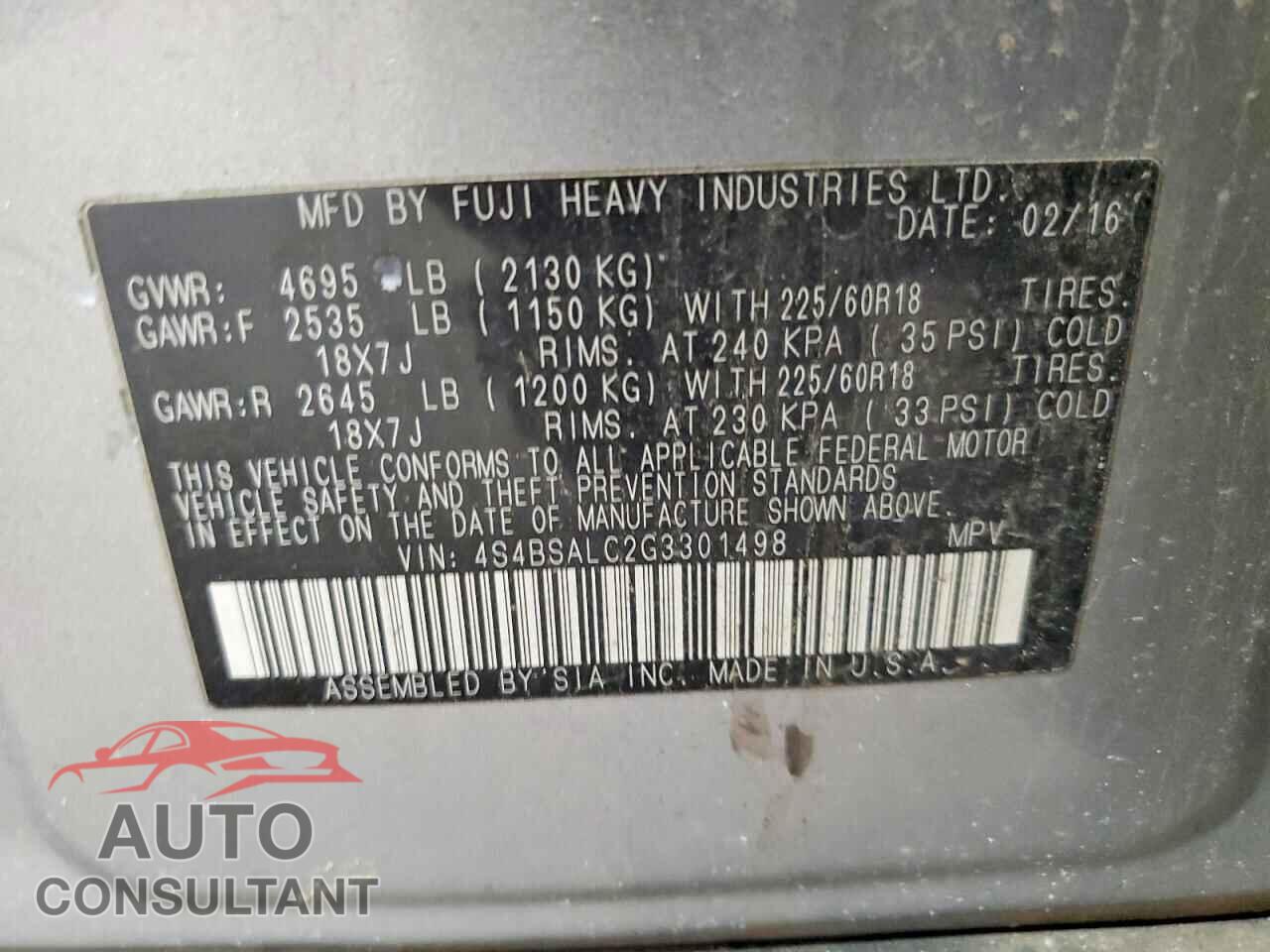 SUBARU OUTBACK 2016 - 4S4BSALC2G3301498