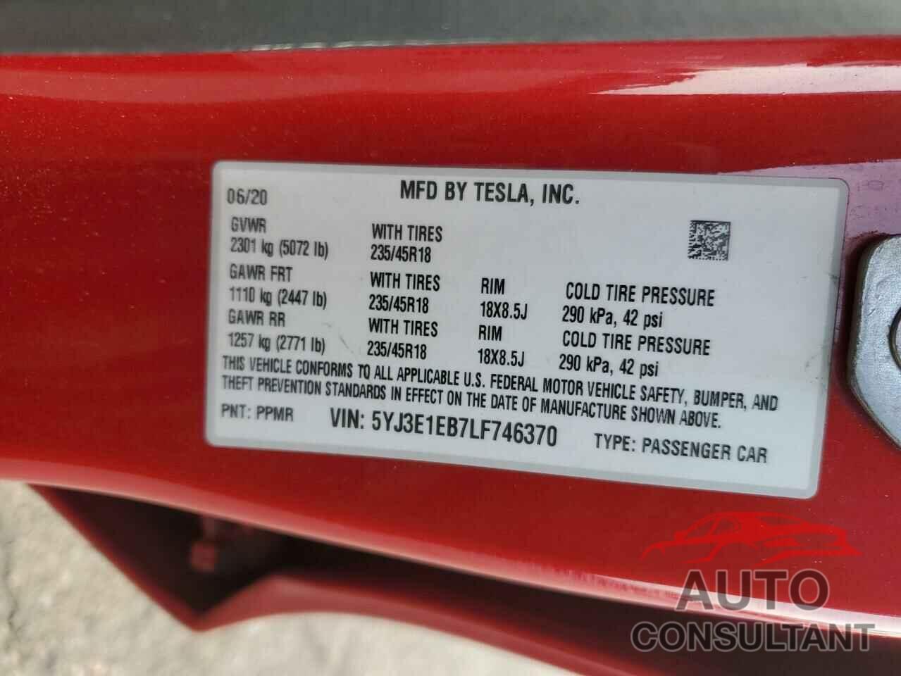 TESLA MODEL 3 2020 - 5YJ3E1EB7LF746370