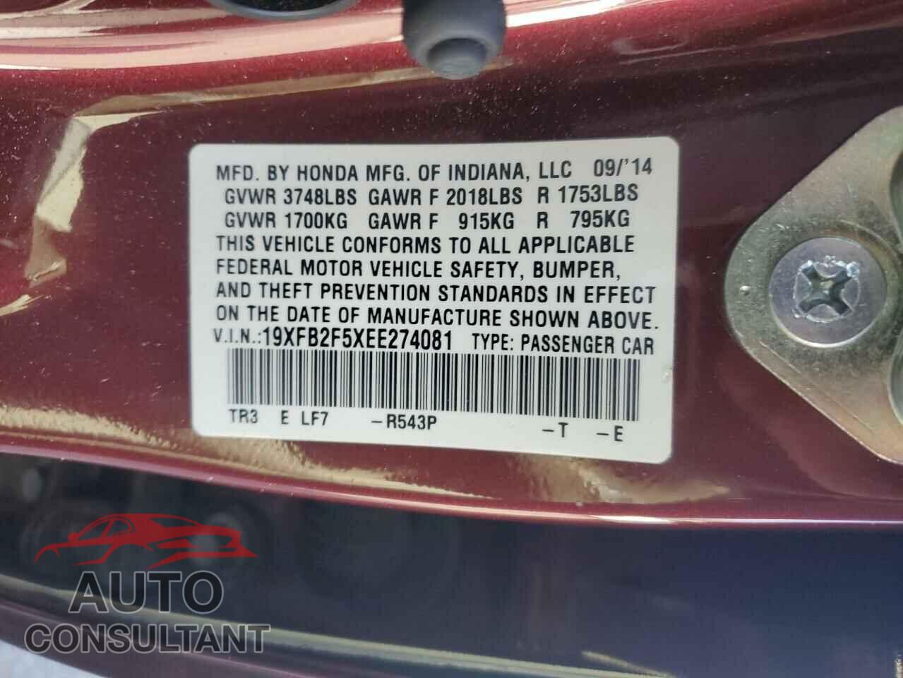 HONDA CIVIC 2014 - 19XFB2F5XEE274081