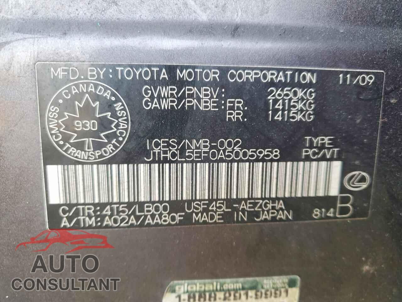 LEXUS LS500 2010 - JTHCL5EF0A5005958