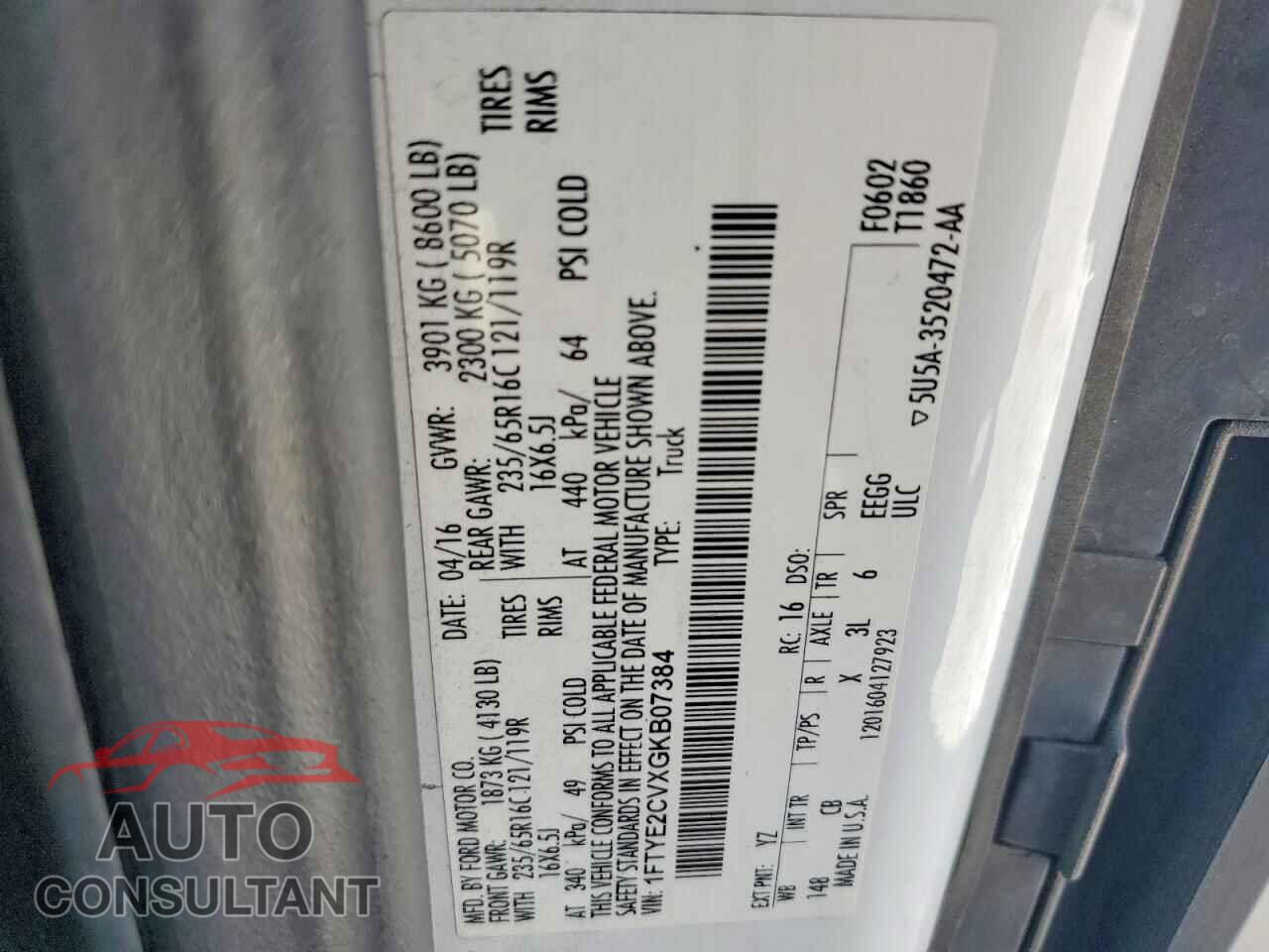 FORD TRANSIT 2016 - 1FTYE2CVXGKB07384