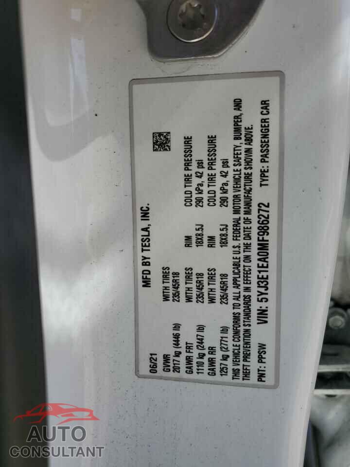 TESLA MODEL 3 2021 - 5YJ3E1EA0MF986272