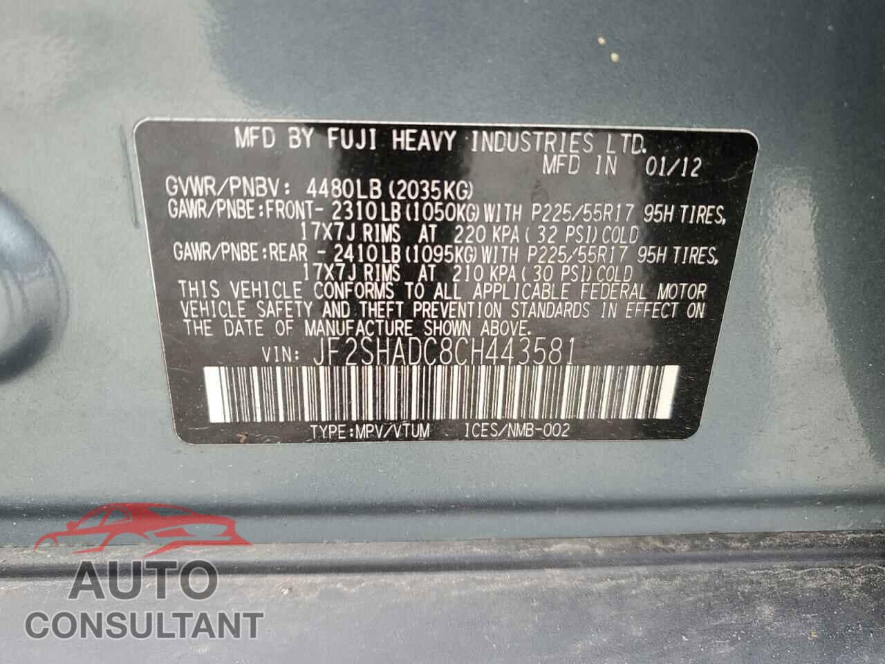 SUBARU FORESTER 2012 - JF2SHADC8CH443581