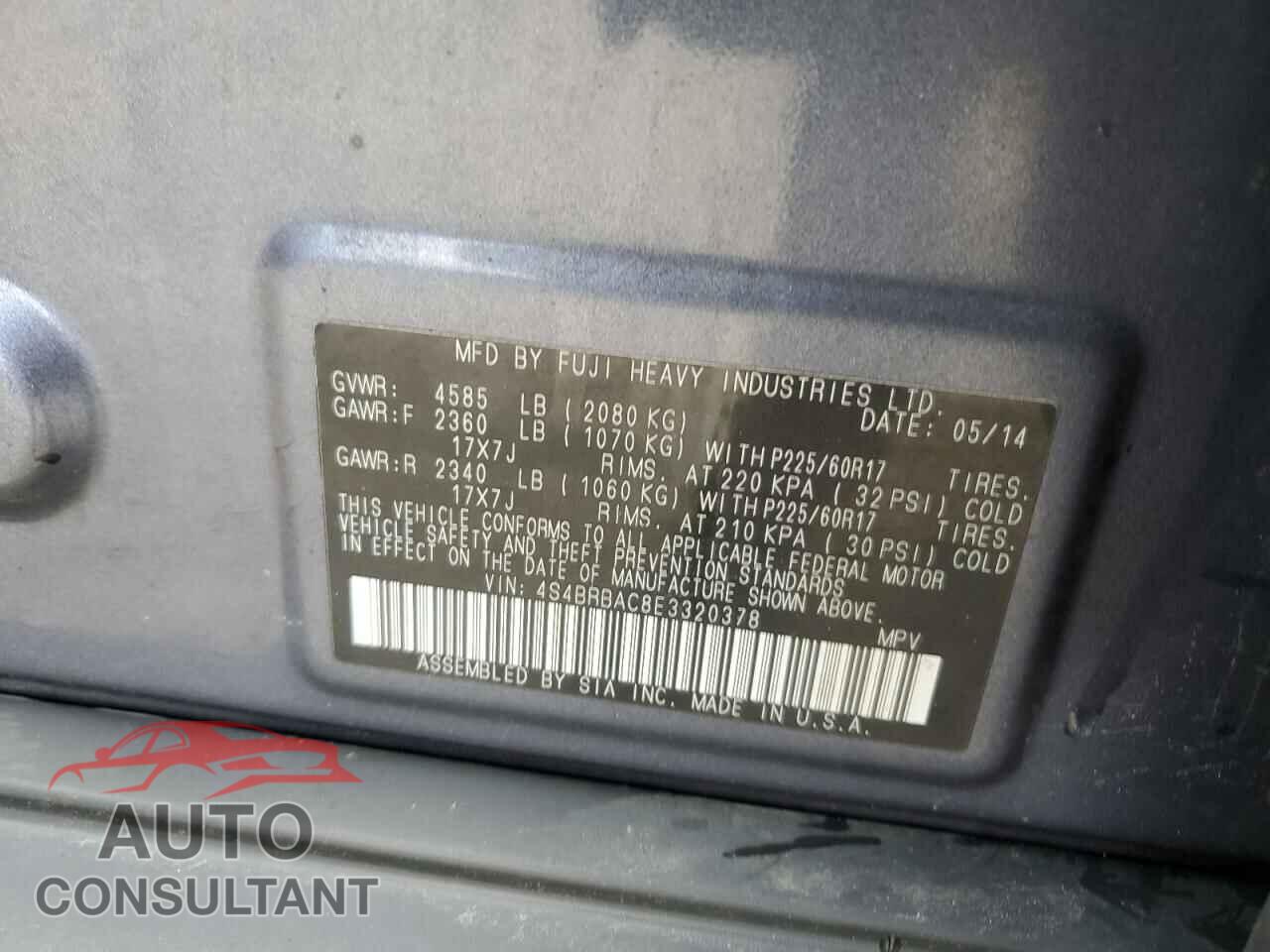 SUBARU OUTBACK 2014 - 4S4BRBAC8E3320378