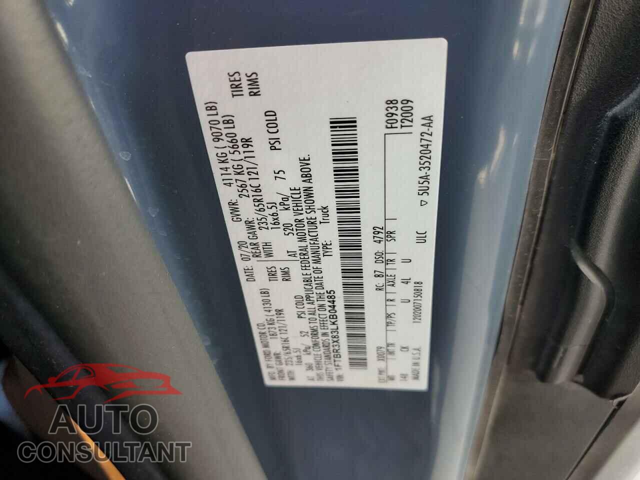FORD TRANSIT 2020 - 1FTBR3X83LKB04485