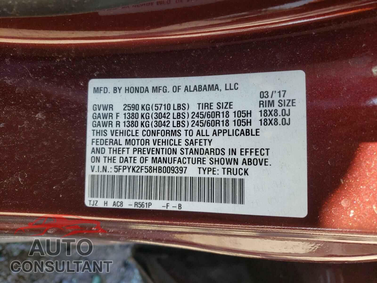 HONDA RIDGELINE 2017 - 5FPYK2F58HB009397