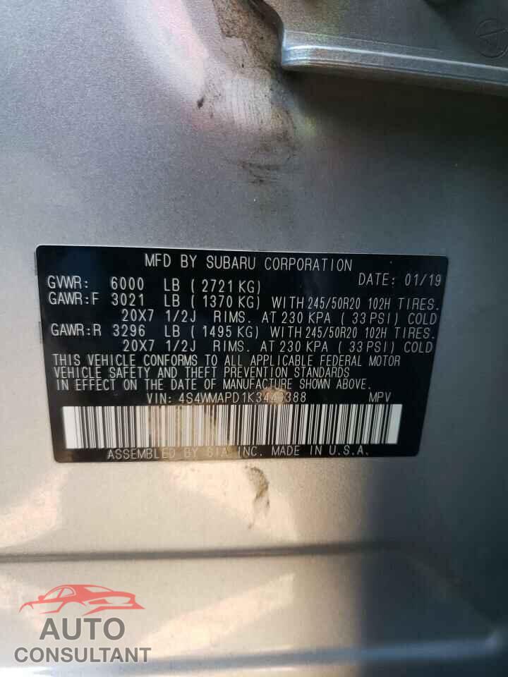 SUBARU ASCENT 2019 - 4S4WMAPD1K3449388
