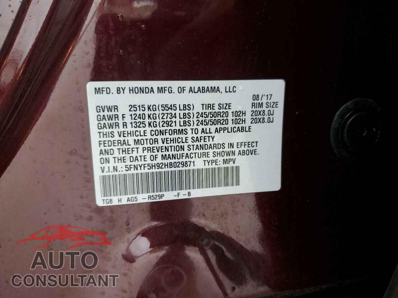 HONDA PILOT 2017 - 5FNYF5H92HB029871