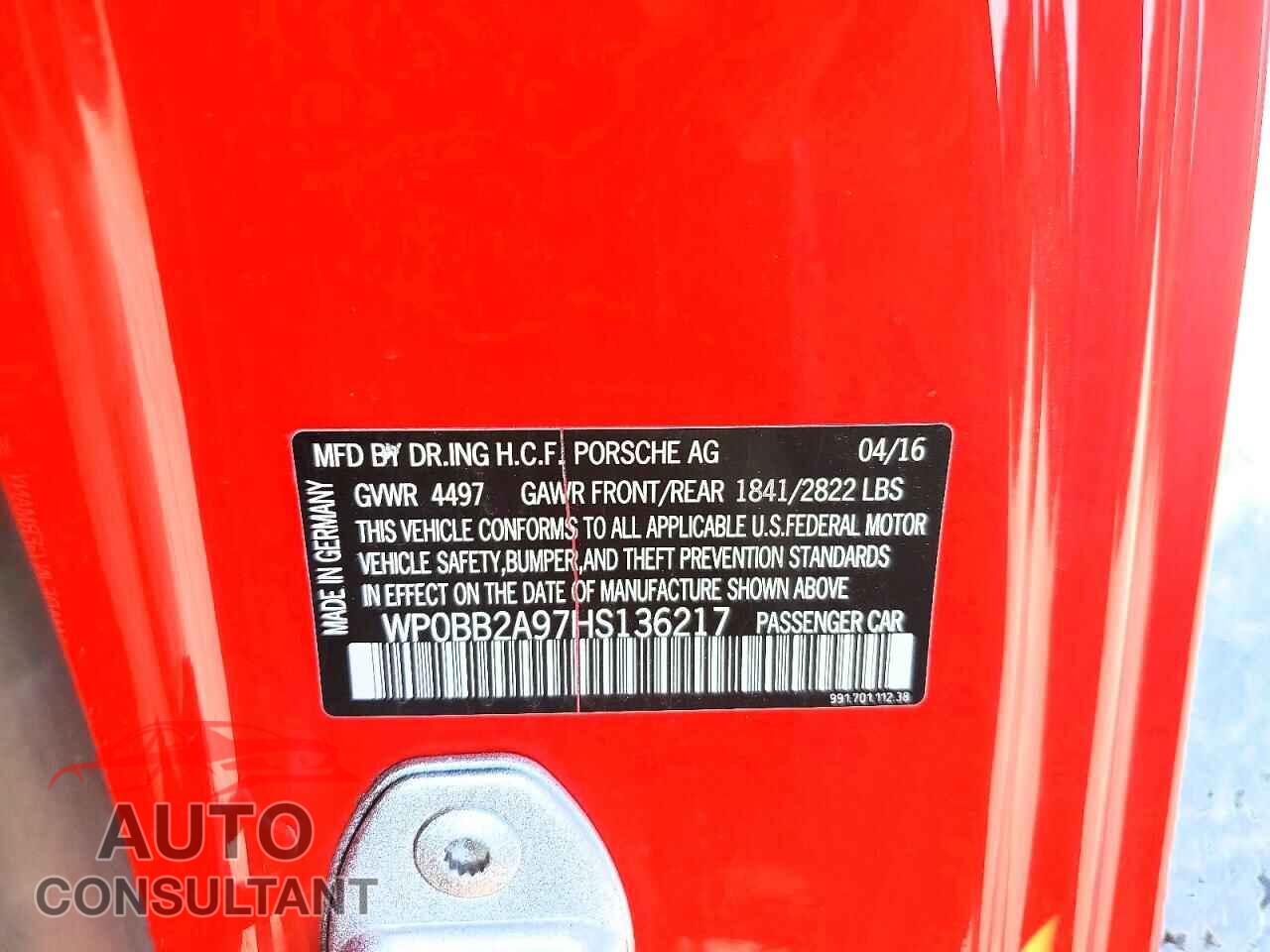 PORSCHE 911 2017 - WP0BB2A97HS136217