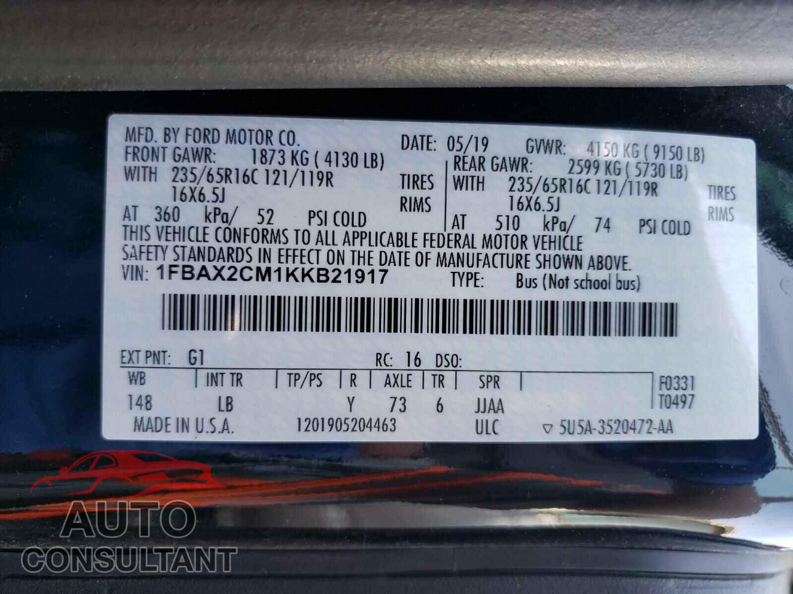 FORD TRANSIT CO 2019 - 1FBAX2CM1KKB21917