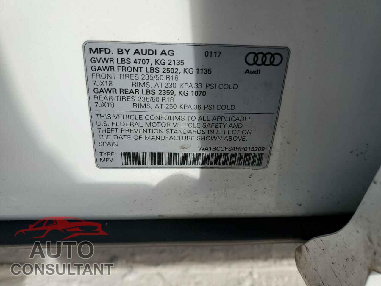 AUDI Q3 2017 - WA1BCCFS4HR015208