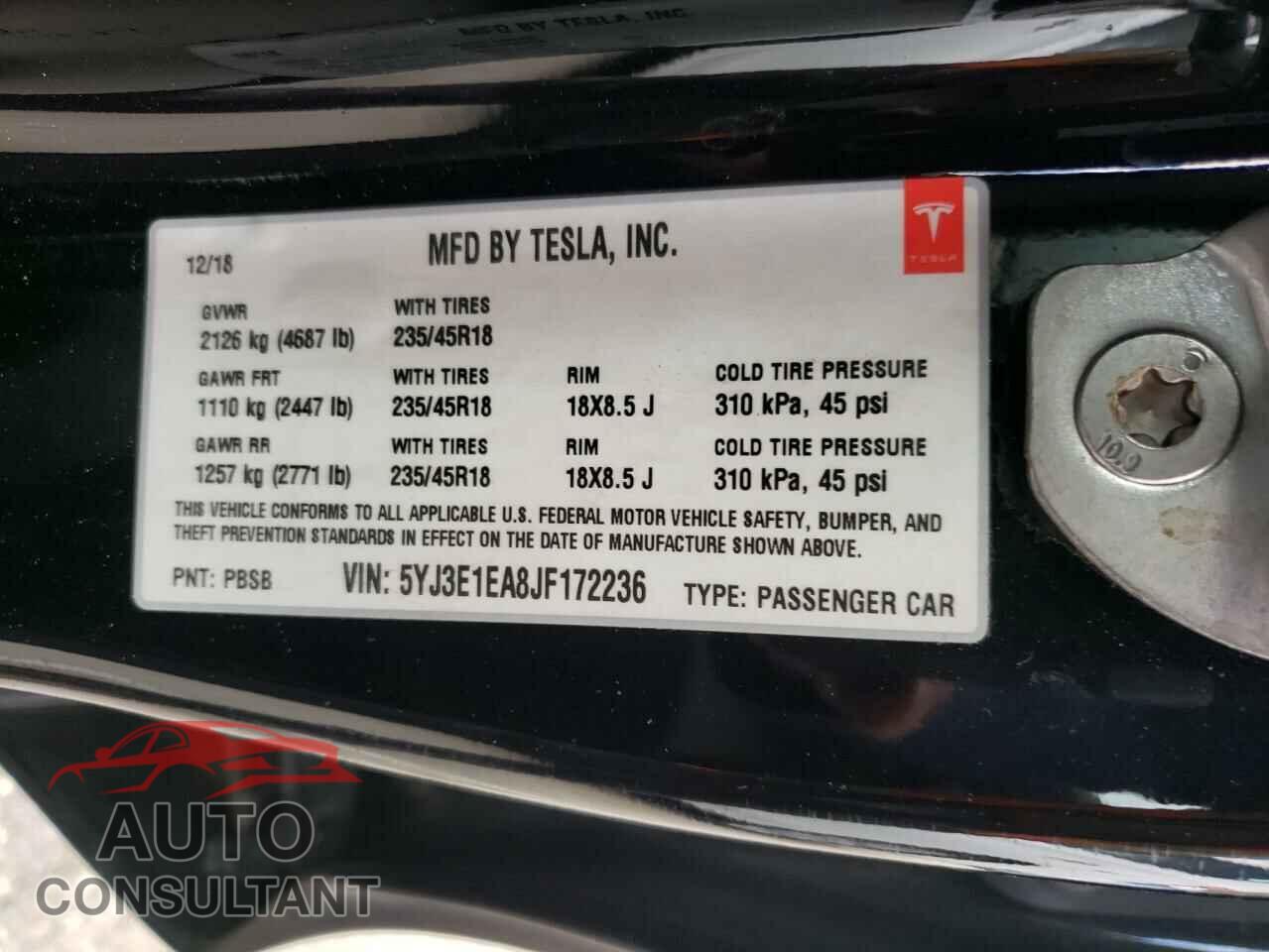 TESLA MODEL 3 2018 - 5YJ3E1EA8JF172236