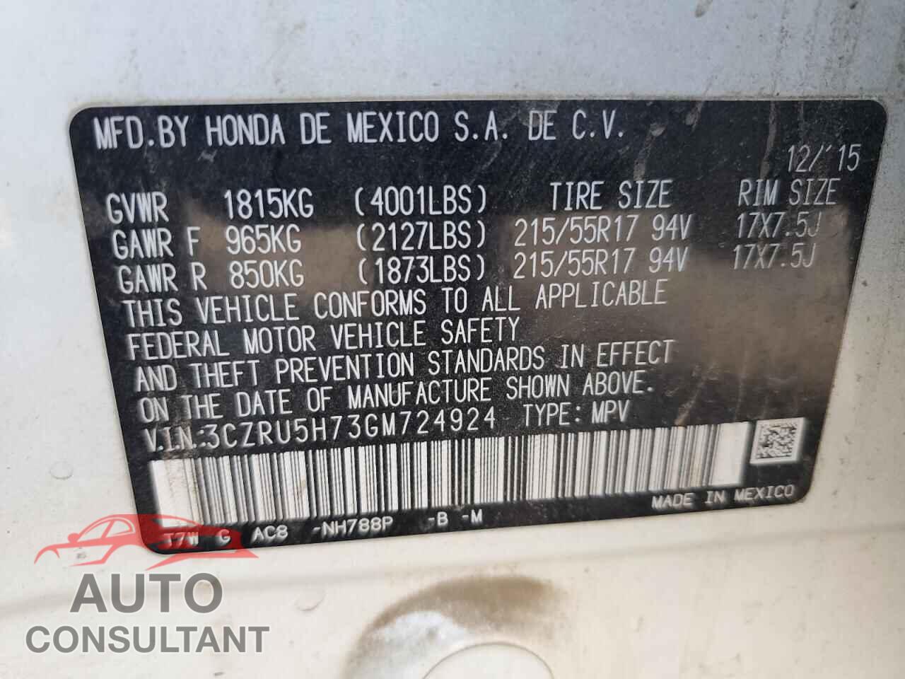 HONDA HR-V 2016 - 3CZRU5H73GM724924