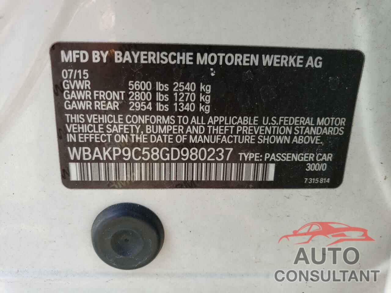 BMW 5 SERIES 2016 - WBAKP9C58GD980237