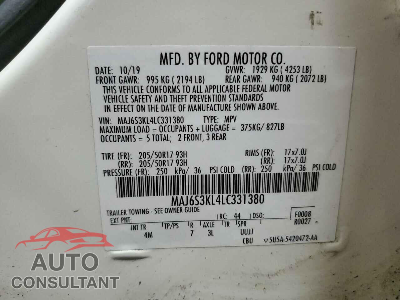 FORD ECOSPORT 2020 - MAJ6S3KL4LC331380