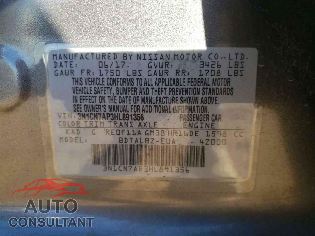 NISSAN VERSA 2017 - 3N1CN7AP3HL891356