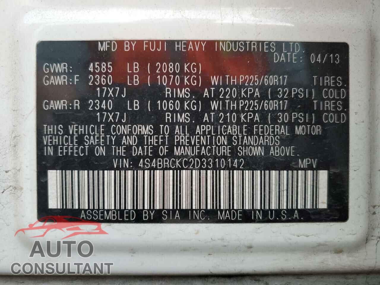 SUBARU OUTBACK 2013 - 4S4BRCKC2D3310142