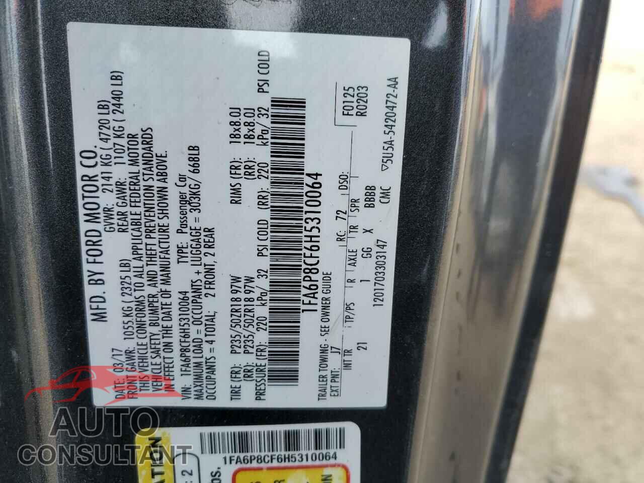 FORD MUSTANG 2017 - 1FA6P8CF6H5310064